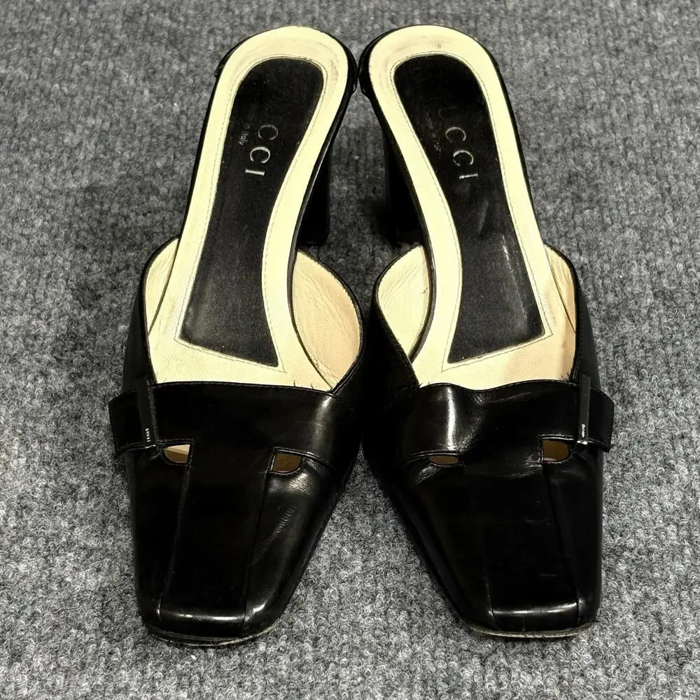 Vintage Gucci Shoes Womens 6 Black Leather Square Toe Cutout Mule Slides Y2K